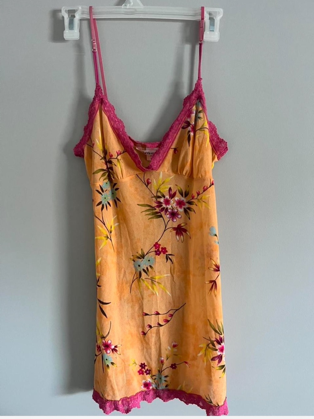 La Vie En Rose Orange Floral Slip with Pink Lace Trim